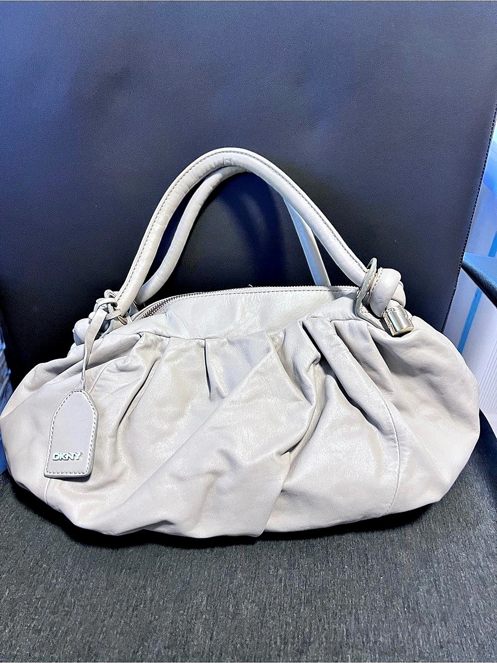 DKNY Vintage Gathered Leather Slouchy Bag in Grey-Taupe Color